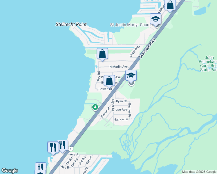 map of restaurants, bars, coffee shops, grocery stores, and more near 16 Bowen Drive in Key Largo
