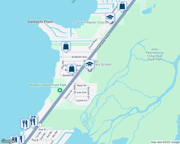 map of restaurants, bars, coffee shops, grocery stores, and more near 104801 Overseas Highway in Key Largo