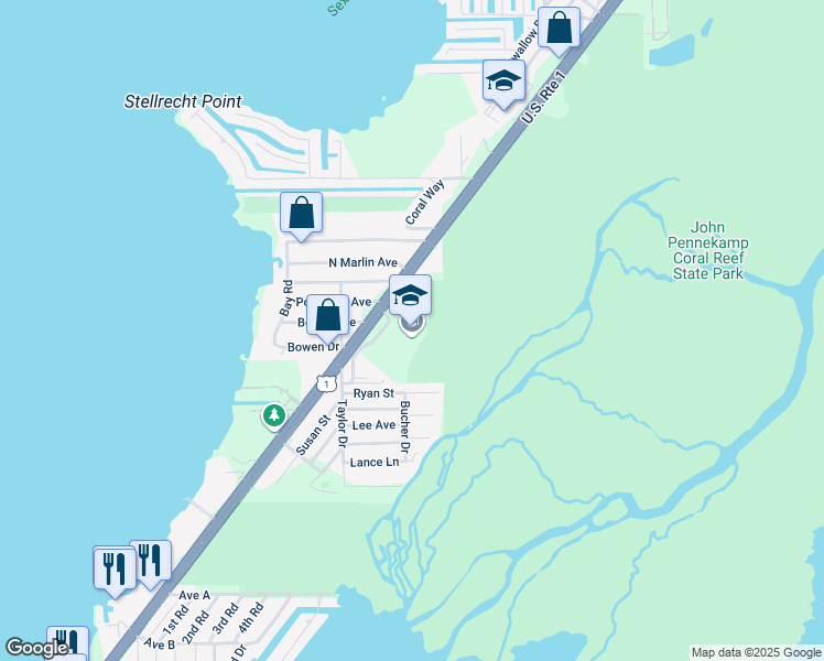 map of restaurants, bars, coffee shops, grocery stores, and more near Overseas Highway in Key Largo