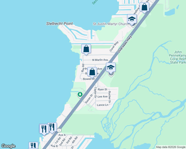 map of restaurants, bars, coffee shops, grocery stores, and more near 2 Bowen Drive in Key Largo