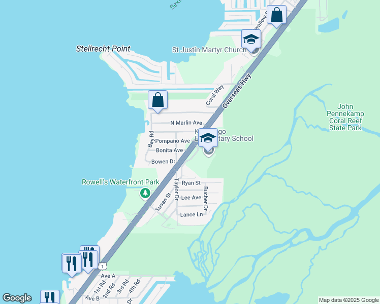 map of restaurants, bars, coffee shops, grocery stores, and more near 104801 Overseas Highway in Key Largo
