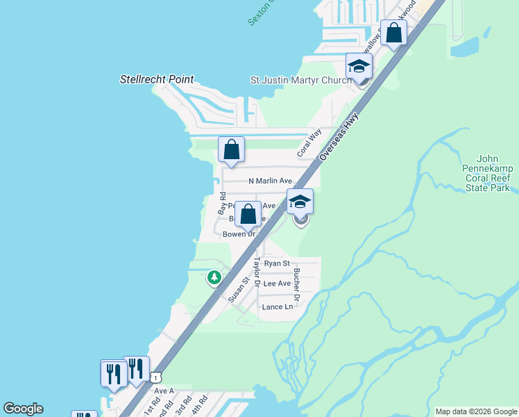 map of restaurants, bars, coffee shops, grocery stores, and more near 15 Pompano Avenue in Key Largo