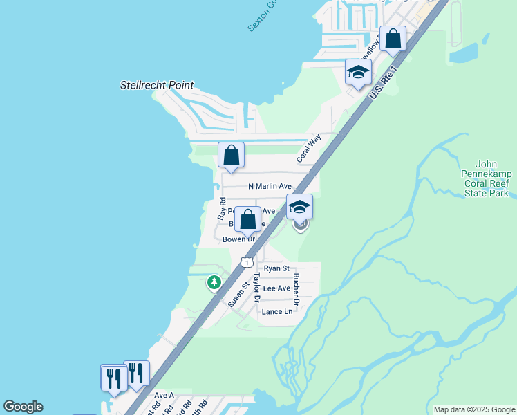 map of restaurants, bars, coffee shops, grocery stores, and more near 15 Pompano Avenue in Key Largo