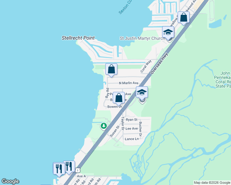 map of restaurants, bars, coffee shops, grocery stores, and more near 29 Pompano Avenue in Key Largo