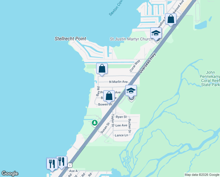 map of restaurants, bars, coffee shops, grocery stores, and more near 15 Pompano Avenue in Key Largo