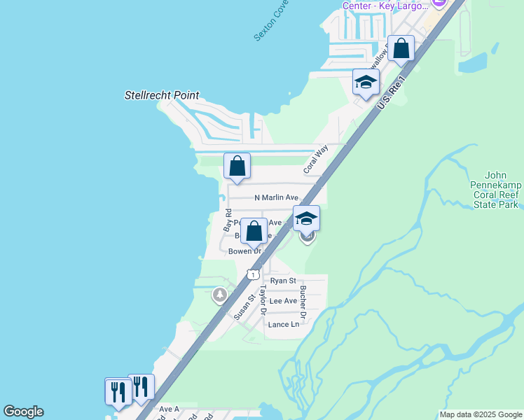 map of restaurants, bars, coffee shops, grocery stores, and more near 21 Dolphin Road in Key Largo