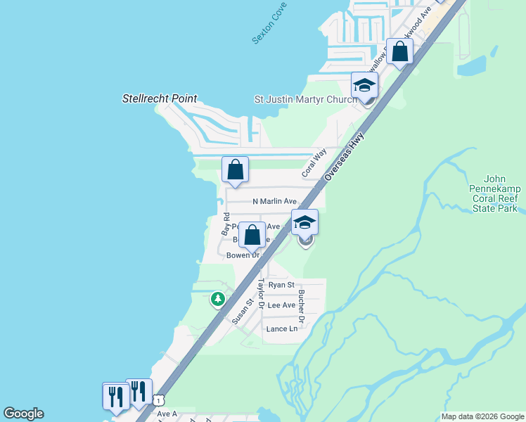 map of restaurants, bars, coffee shops, grocery stores, and more near 15 Pompano Avenue in Key Largo