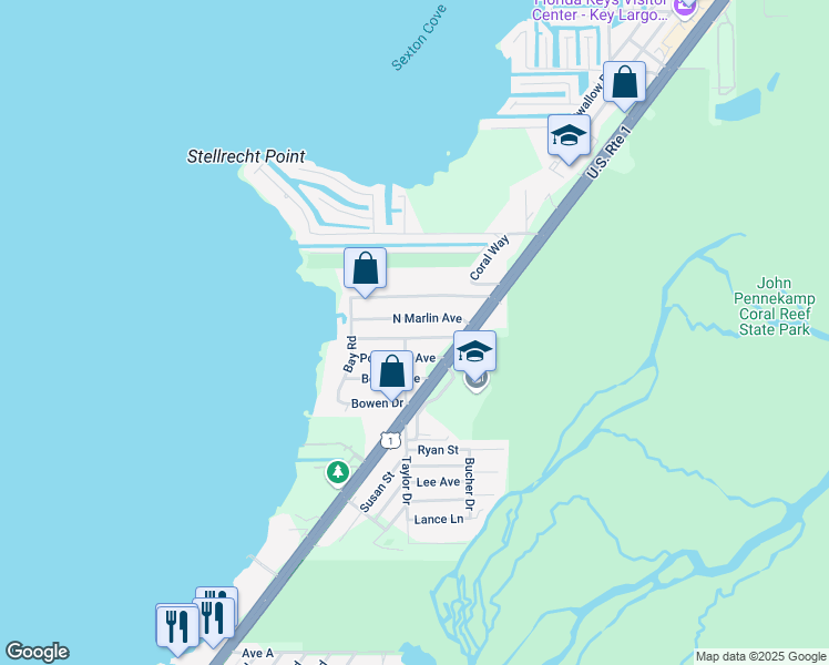 map of restaurants, bars, coffee shops, grocery stores, and more near 15 Pompano Avenue in Key Largo
