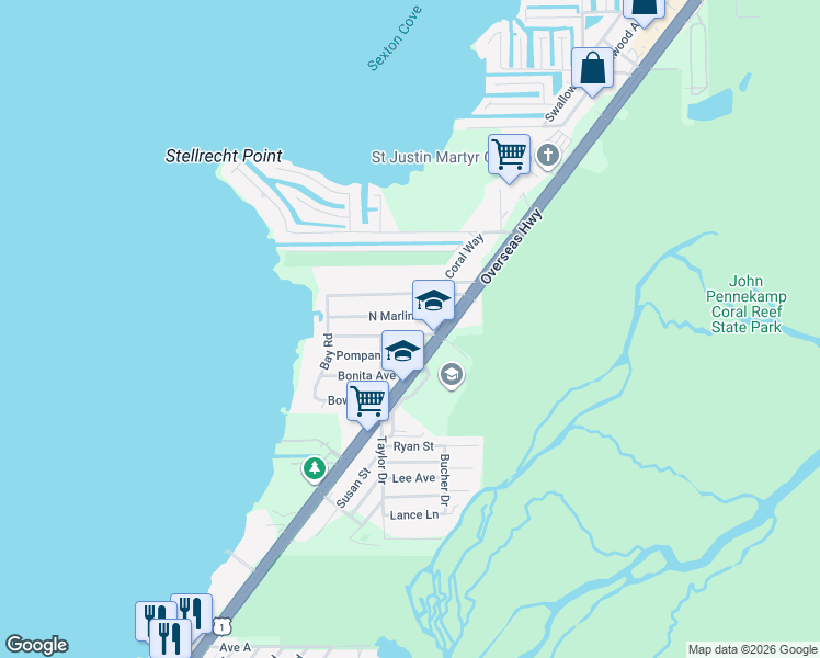 map of restaurants, bars, coffee shops, grocery stores, and more near Overseas Highway in Key Largo