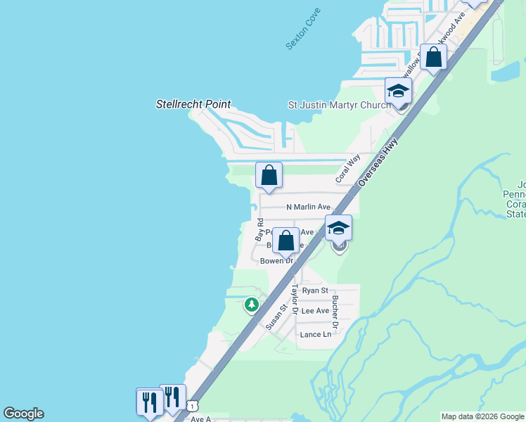 map of restaurants, bars, coffee shops, grocery stores, and more near 57 North Marlin Avenue in Key Largo
