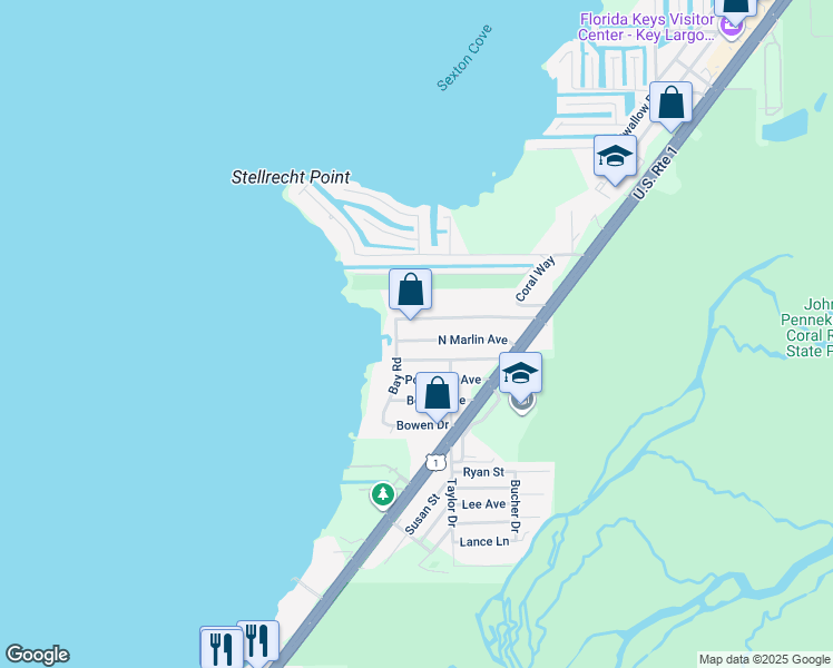 map of restaurants, bars, coffee shops, grocery stores, and more near 50 North Marlin Avenue in Key Largo