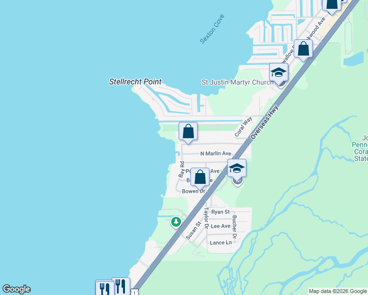 map of restaurants, bars, coffee shops, grocery stores, and more near 50 North Marlin Avenue in Key Largo