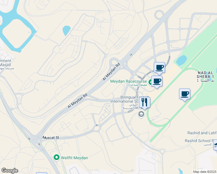 map of restaurants, bars, coffee shops, grocery stores, and more near Al Meydan Road in Dubai