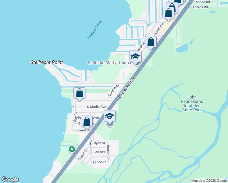 map of restaurants, bars, coffee shops, grocery stores, and more near 28 Coral Way in Key Largo