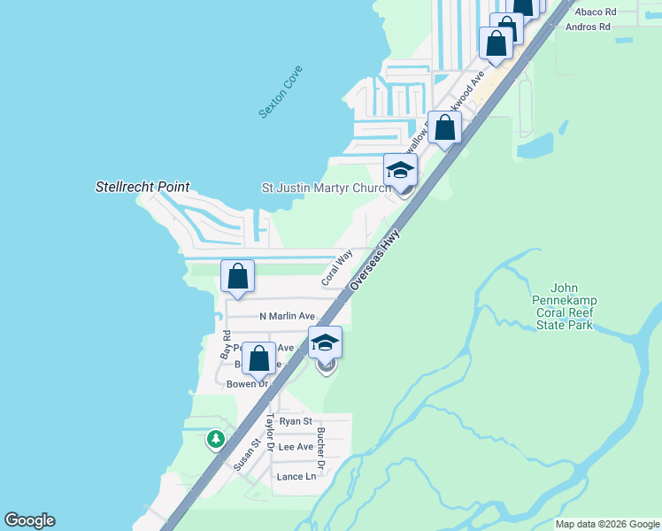 map of restaurants, bars, coffee shops, grocery stores, and more near 28 Coral Way in Key Largo