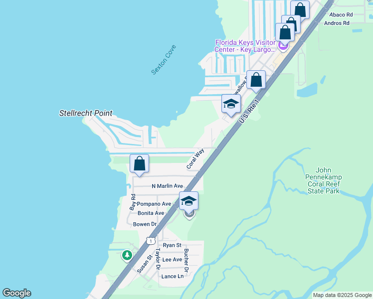 map of restaurants, bars, coffee shops, grocery stores, and more near 7 North Blackwater Lane in Key Largo
