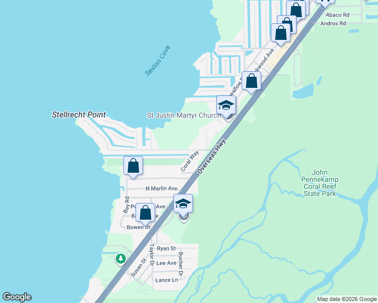 map of restaurants, bars, coffee shops, grocery stores, and more near 1 North Blackwater Lane in Key Largo