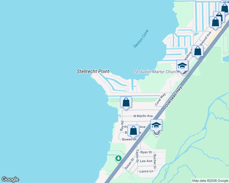 map of restaurants, bars, coffee shops, grocery stores, and more near 64 North Blackwater Lane in Key Largo