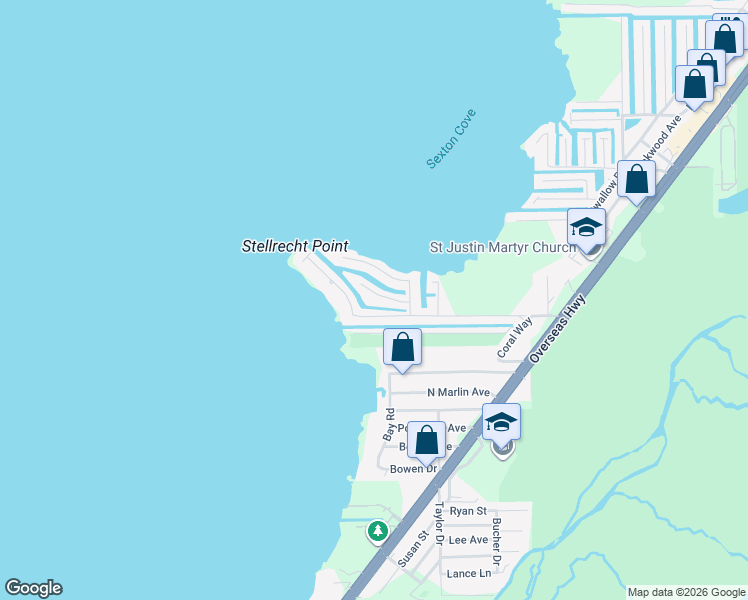 map of restaurants, bars, coffee shops, grocery stores, and more near 13 Center Ln in Key Largo