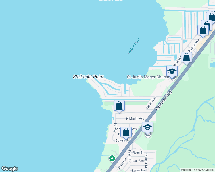 map of restaurants, bars, coffee shops, grocery stores, and more near 21 North Drive in Key Largo
