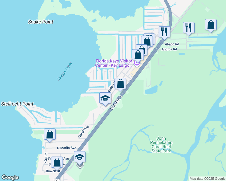 map of restaurants, bars, coffee shops, grocery stores, and more near 25 Mockingbird Road in Key Largo