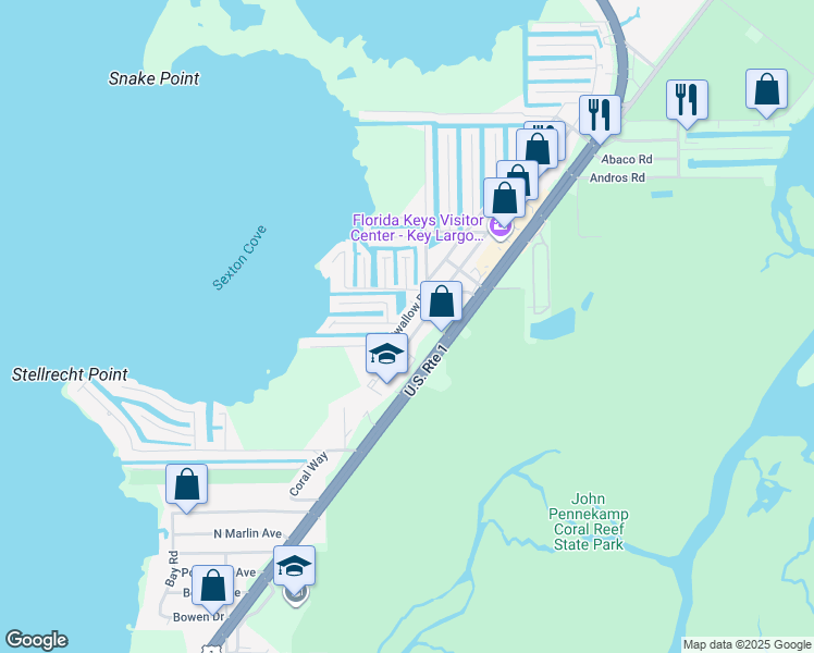 map of restaurants, bars, coffee shops, grocery stores, and more near 12 Swallow Road in Key Largo