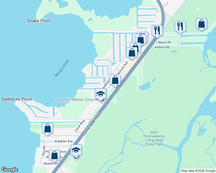 map of restaurants, bars, coffee shops, grocery stores, and more near 25 Mockingbird Road in Key Largo
