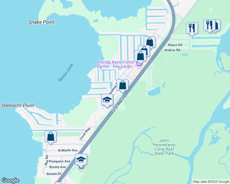 map of restaurants, bars, coffee shops, grocery stores, and more near 25 Mockingbird Road in Key Largo