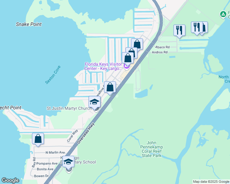 map of restaurants, bars, coffee shops, grocery stores, and more near 100693 Overseas Highway in Key Largo