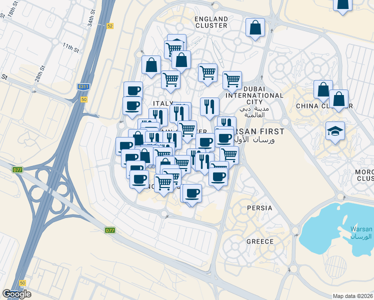 map of restaurants, bars, coffee shops, grocery stores, and more near in Dubai