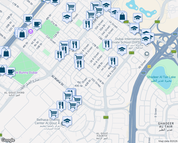 map of restaurants, bars, coffee shops, grocery stores, and more near 31 B Street in Dubai