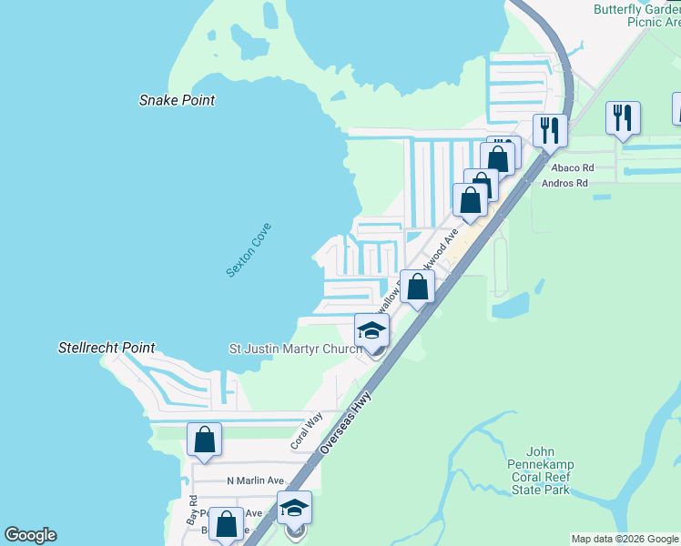 map of restaurants, bars, coffee shops, grocery stores, and more near 10 Sexton Cove Road in Key Largo