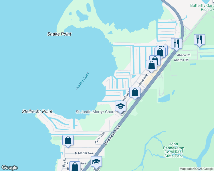 map of restaurants, bars, coffee shops, grocery stores, and more near 10 Sexton Cove Road in Key Largo