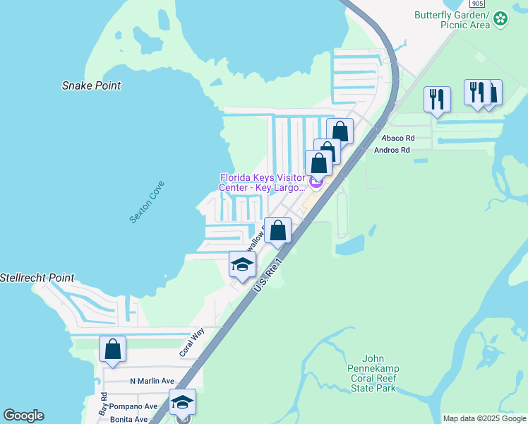 map of restaurants, bars, coffee shops, grocery stores, and more near 10 Grassy Road in Key Largo