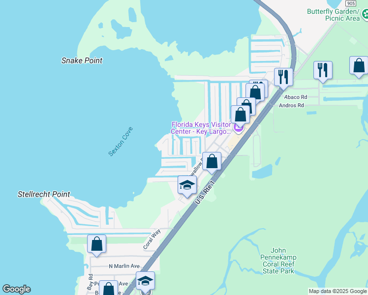 map of restaurants, bars, coffee shops, grocery stores, and more near 10 Flamingo Road in Key Largo