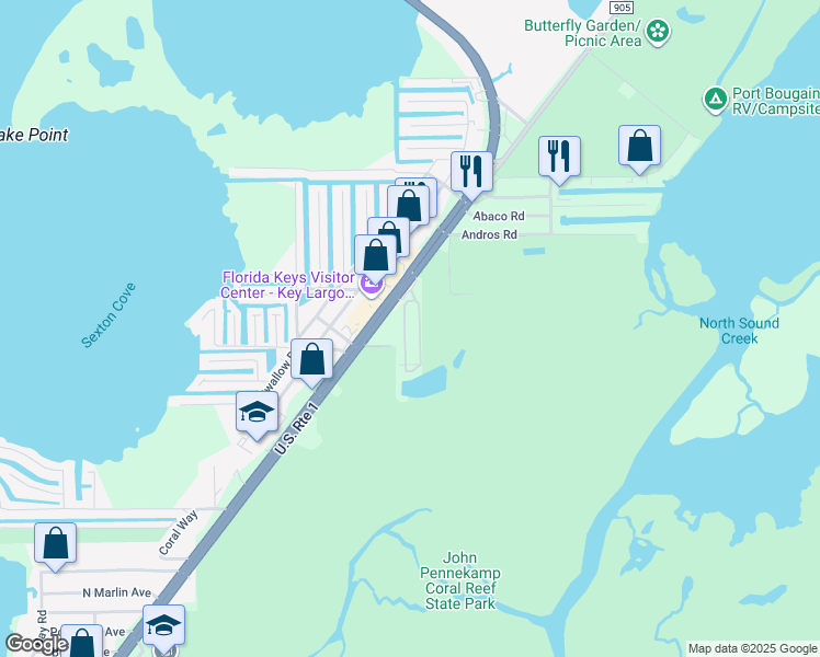 map of restaurants, bars, coffee shops, grocery stores, and more near 106003 Overseas Highway in Key Largo