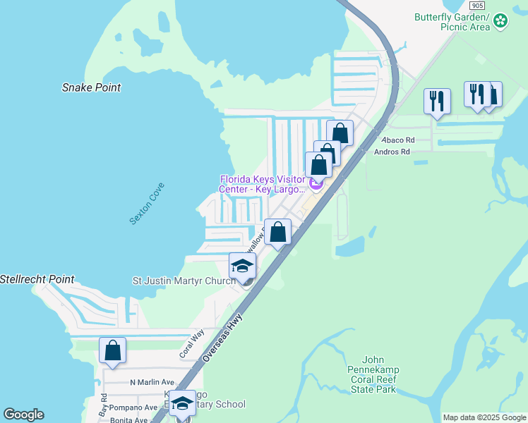 map of restaurants, bars, coffee shops, grocery stores, and more near 10 Grassy Rd in Key Largo