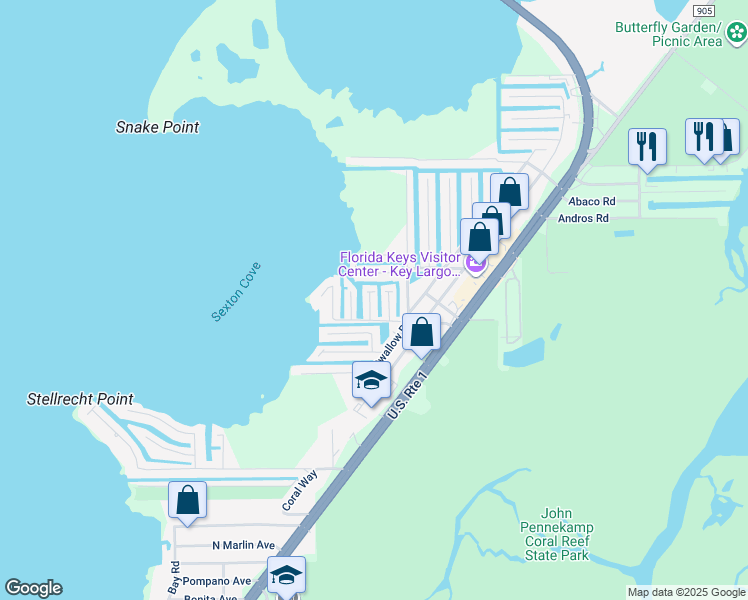 map of restaurants, bars, coffee shops, grocery stores, and more near 10 Flamingo Road in Key Largo