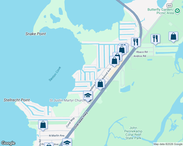map of restaurants, bars, coffee shops, grocery stores, and more near 10 Grassy Road in Key Largo