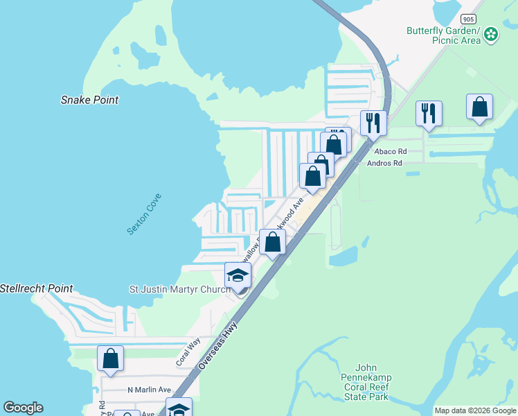 map of restaurants, bars, coffee shops, grocery stores, and more near 6 Eagle Drive in Key Largo