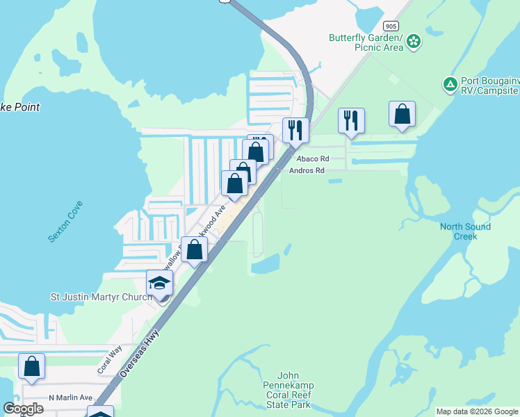 map of restaurants, bars, coffee shops, grocery stores, and more near 106003 Overseas Highway in Key Largo