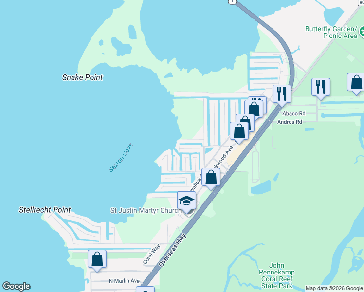 map of restaurants, bars, coffee shops, grocery stores, and more near 24 Eagle Drive in Key Largo
