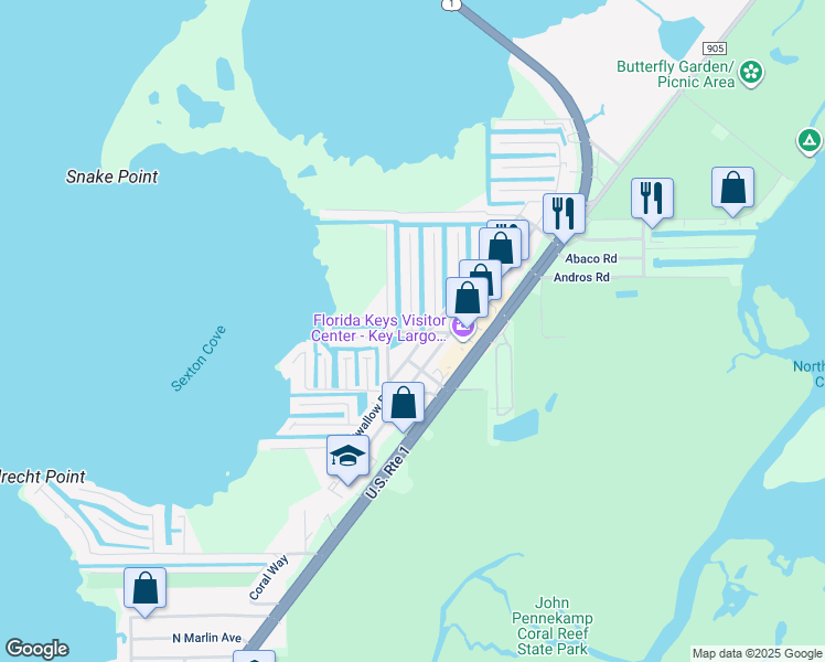 map of restaurants, bars, coffee shops, grocery stores, and more near 21 Long Key Road in Key Largo
