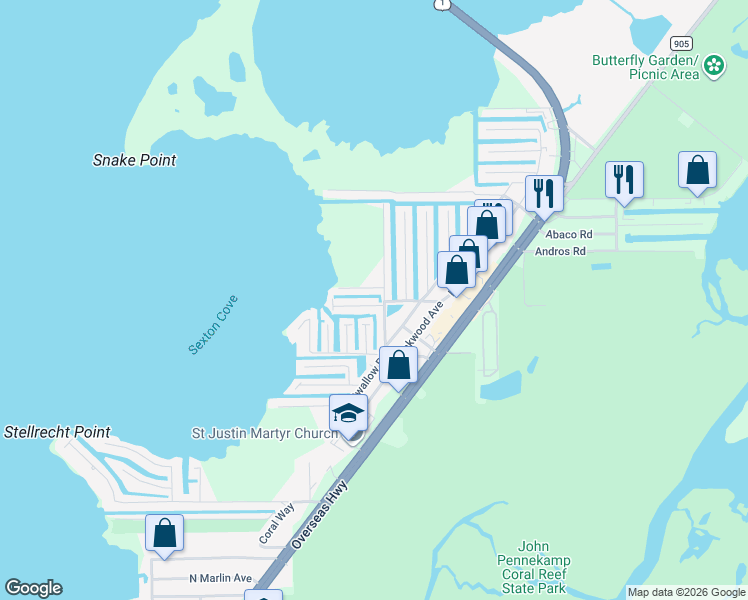 map of restaurants, bars, coffee shops, grocery stores, and more near 6 Eagle Drive in Key Largo