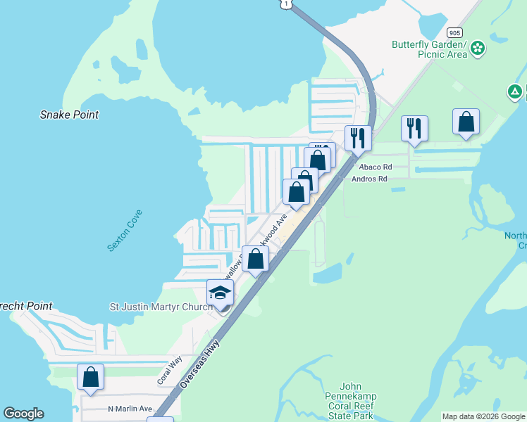 map of restaurants, bars, coffee shops, grocery stores, and more near Largo Road in Key Largo
