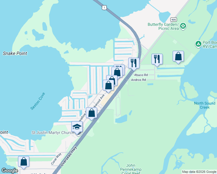 map of restaurants, bars, coffee shops, grocery stores, and more near 219 Upper Matecumbe Road in Key Largo