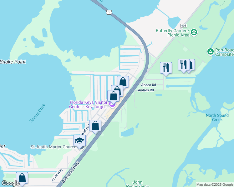 map of restaurants, bars, coffee shops, grocery stores, and more near 728 Largo Road in Key Largo