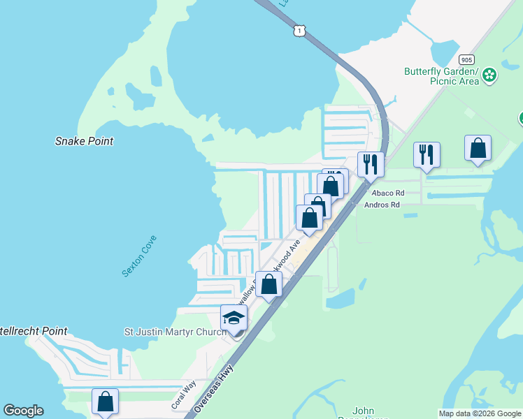map of restaurants, bars, coffee shops, grocery stores, and more near 137 Grassy Road in Key Largo