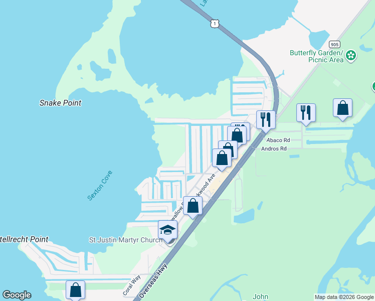 map of restaurants, bars, coffee shops, grocery stores, and more near 137 Grassy Road in Key Largo