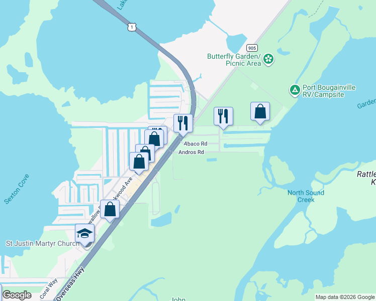 map of restaurants, bars, coffee shops, grocery stores, and more near 8 Andros Road in Key Largo